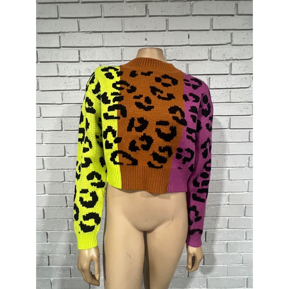 Farm Rio Mixed Leopards Colorblock Cropped Mock Neck Knit Sweater Mob Wife NWT S